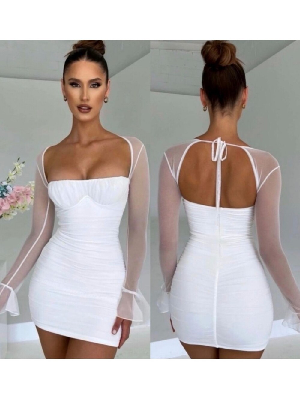 Babyboo Brea Mesh Ruched Mini Dress Size Medium White